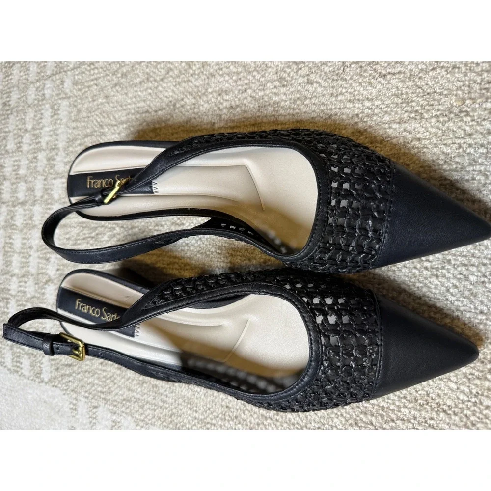 Franco Sarto Black Woven Mesh Pointed Toe Slingback Block Heel Pumps 7M